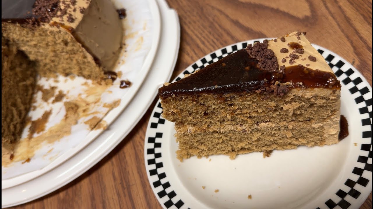 Coffee Cake with Mousse Frosting, chopped Milk Chocolate and Coffee Glaze 