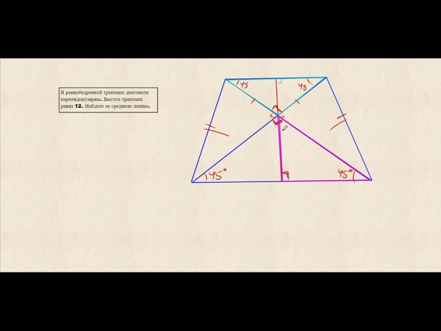 В равнобедренной трапеции диагонали перпендикулярны. Высота трапеции равна 12.