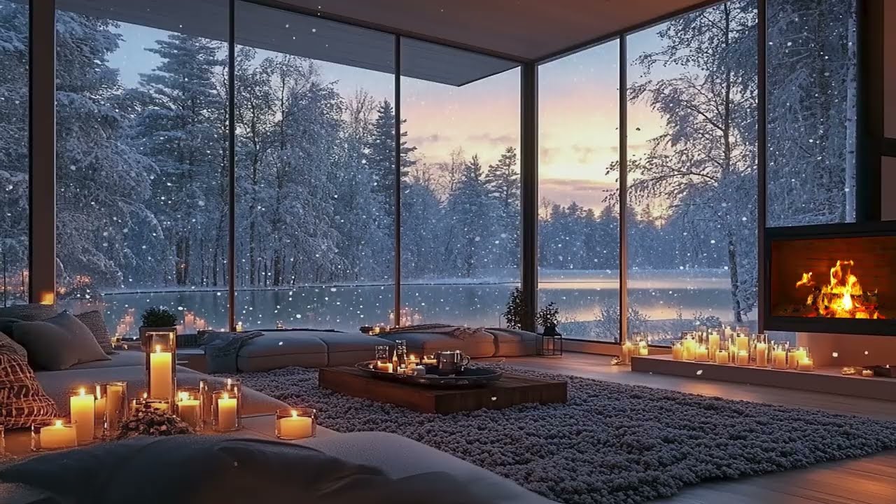 🌅 Luxury Winter Lounge at Twilight | Soft Piano Jazz & Warm Fireplace | Ambience for Relaxation