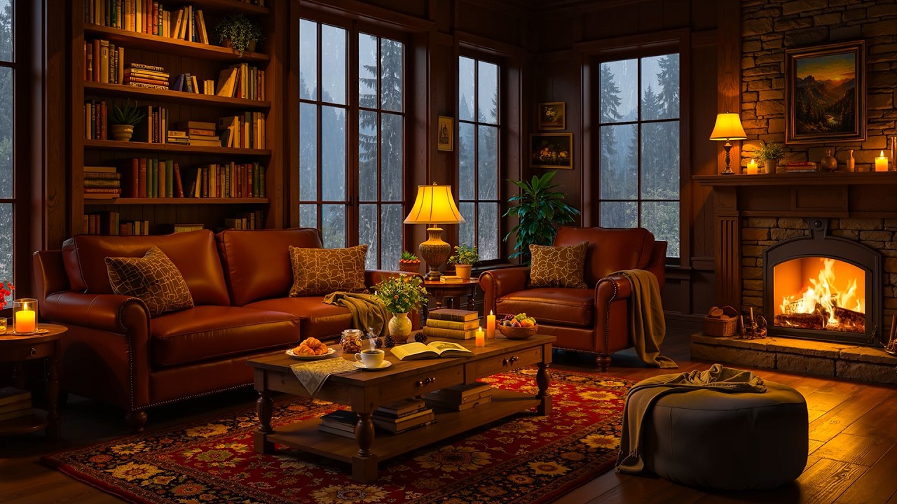 Rainy Day in Cozy Room Ambience 🔥 Smooth Jazz with Heavy Rain & Warm Fireplace Sounds for Relaxation