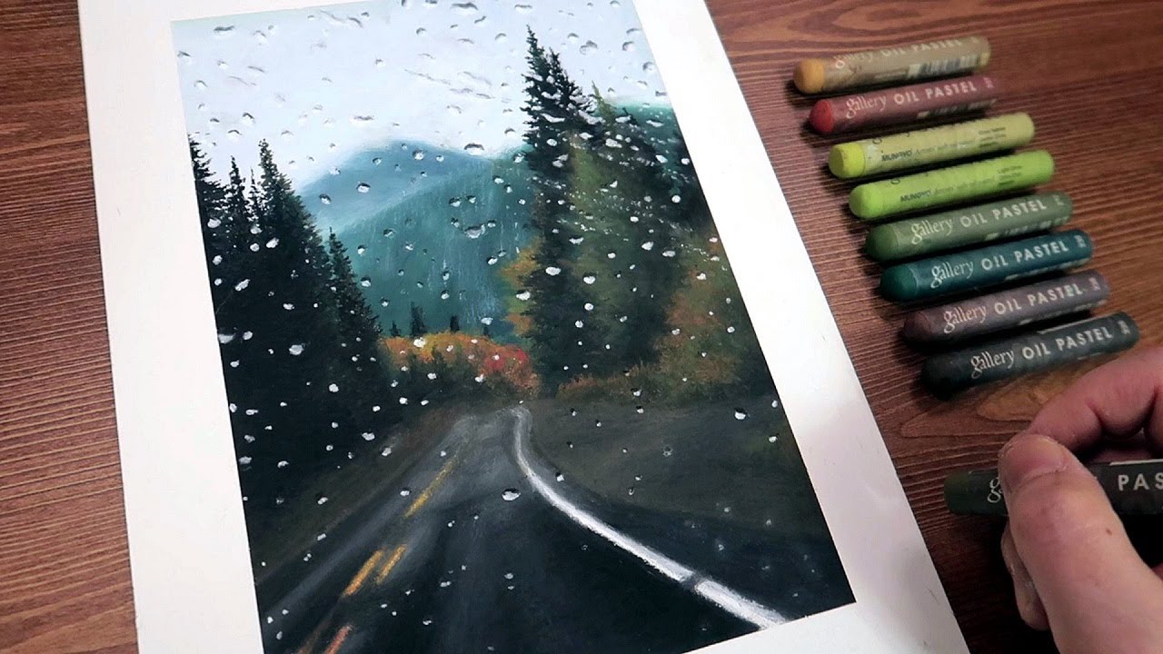 Oil Pastel Drawing 가을비에 젖은 숲 풍경 그리기, 오일파스텔 풍경화｜OHU SIA