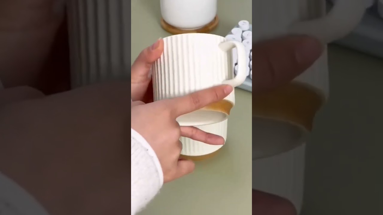 Elegant White Ceramic Coffee Mug Set with Golden Rim - 8oz, Round, Ribbed Design Perfect.