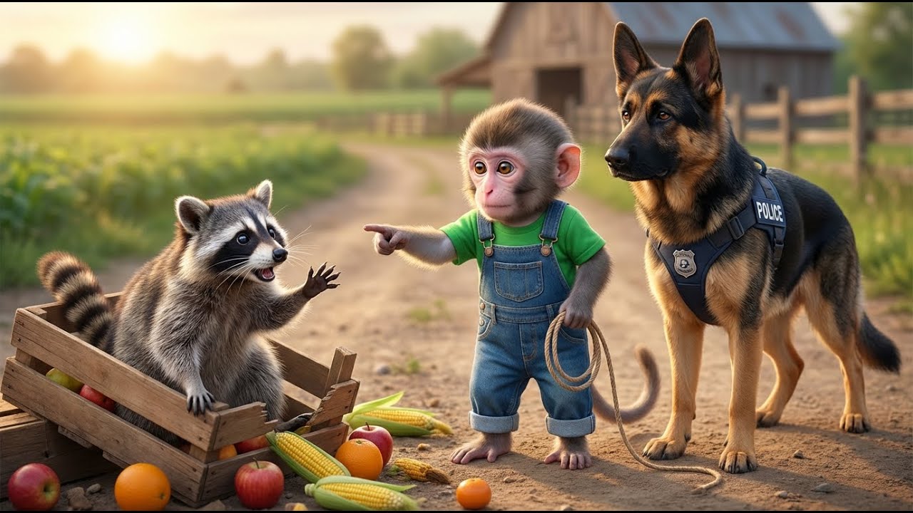 Baby Monkey & Police Dog vs the Naughty Raccoon! Farm Chase Mission 🐒🐶🦝