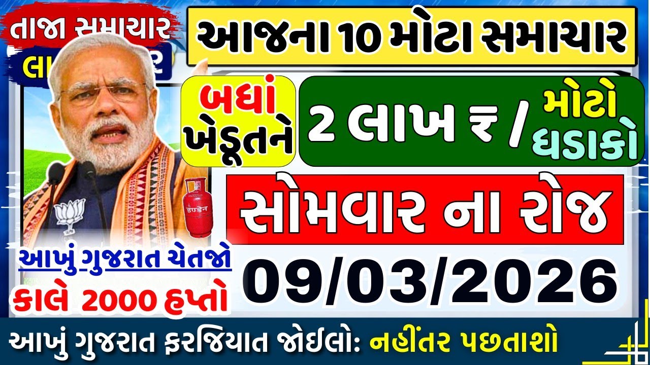 આજના તાજા સમાચાર/ લોનમાફ: ભેટ, ગેસ મોંઘો, ચેતવણી, ખેડૂતોને: 75000 સહાય, 2000 હપ્તો / khedut samachar