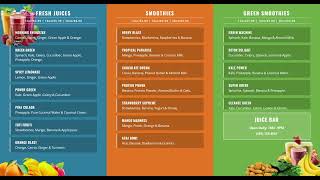 Vibrant digital juice bar menu board — Fresh Juices, Smoothies & Green Smoothies.