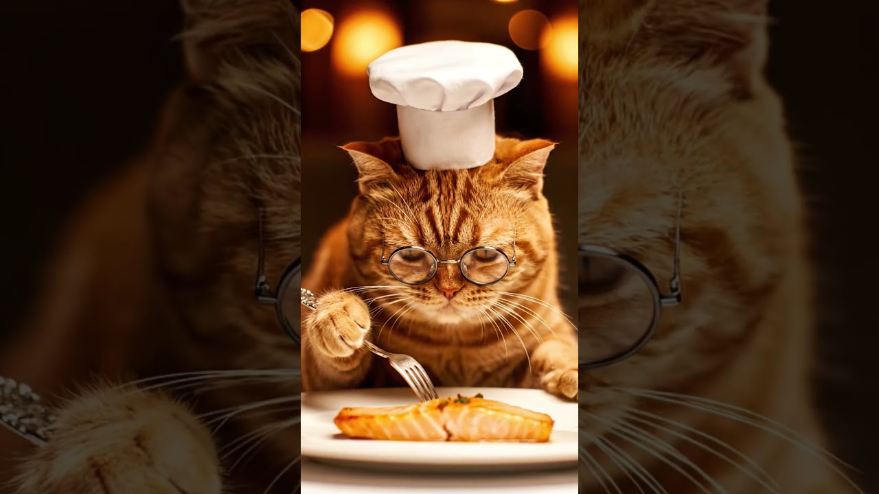 chef cat tries salmon in an expensive restaurant