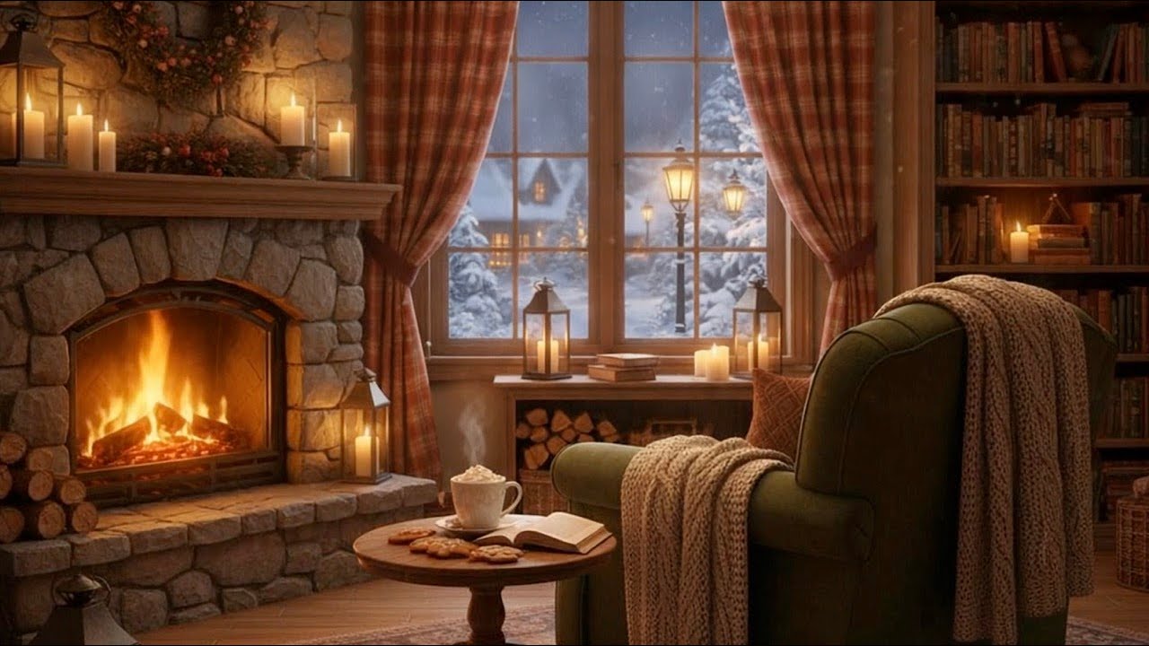 Cozy Fireplace 🔥 Snowy Winter Night | Sleep Music & Crackling Fire