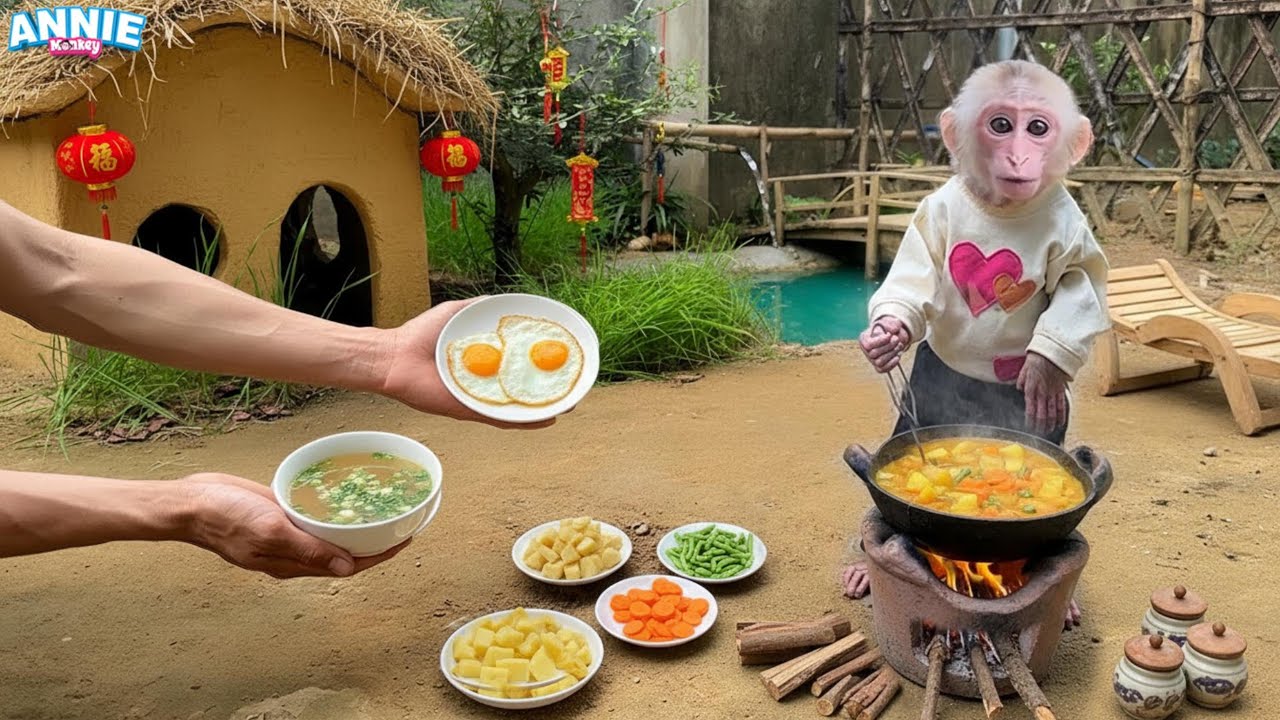 Baby monkey Annie harvests fresh vegetables and helps dad cook curry | Mini cooking