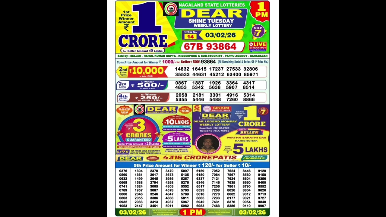 Dear Lottery Live Draw Today | 1 PM Result | Lottery Sambad Result