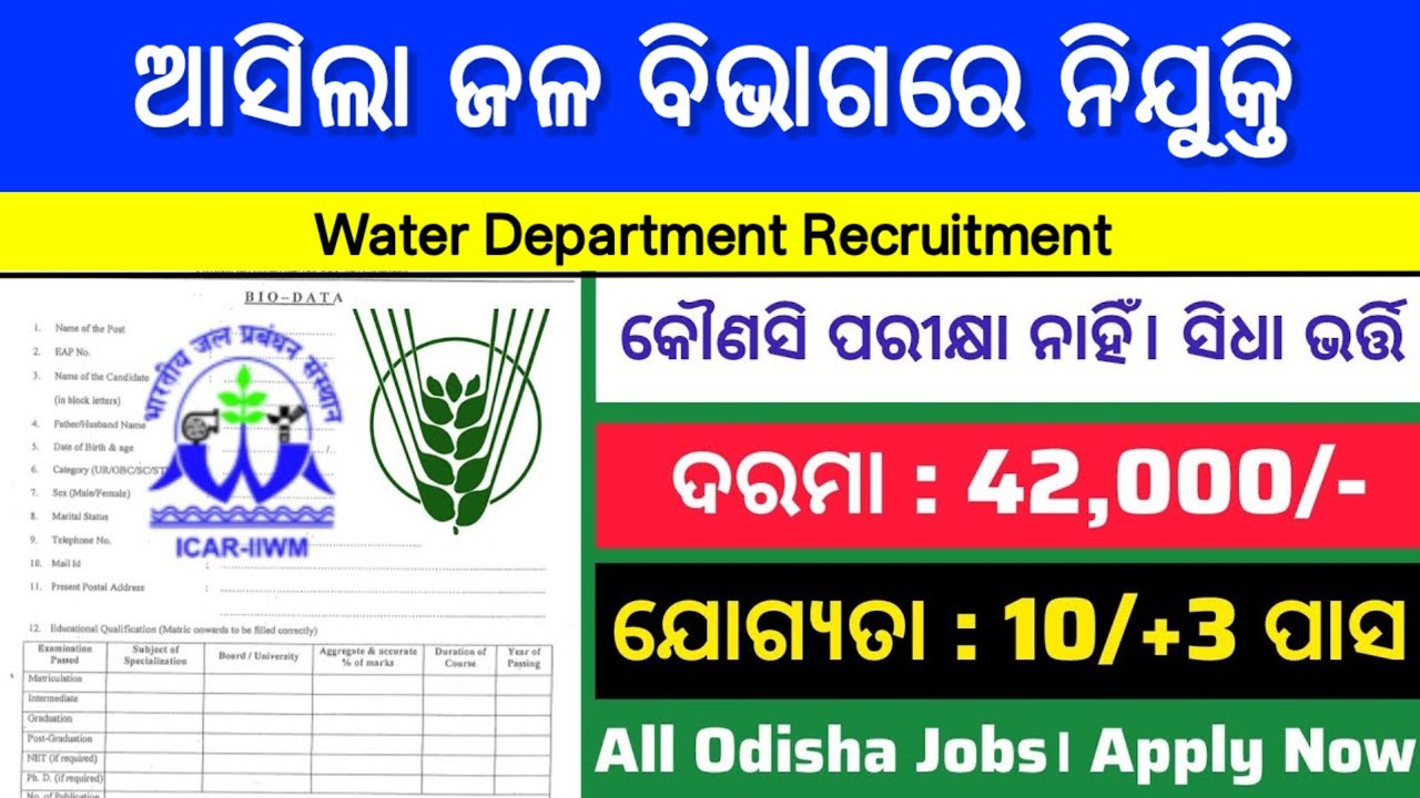 Odisha Water Department Recruitment 2026 ! 10th, 12th Pass Govt Job in Odisha ! Odisha Job Updates