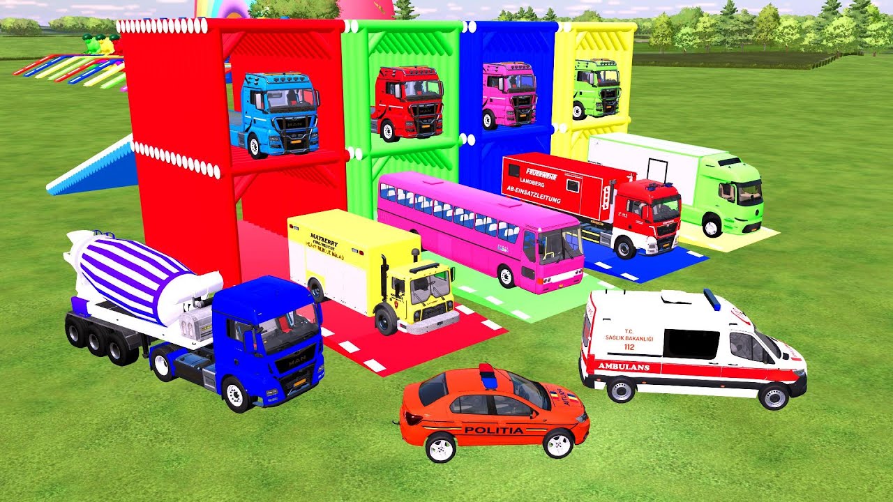 АВАРИЙНЫЙ ЦВЕТНОЙ СИНИЙ АВТОБЕТОНОСИТЕЛЬ, АВТОЦИСТЕРНА, САМОСВОЗ, ПРОЕЗЖАЮЩИЙ ЧЕРЕЗ ПРЕПЯТСТВИЯ. ...