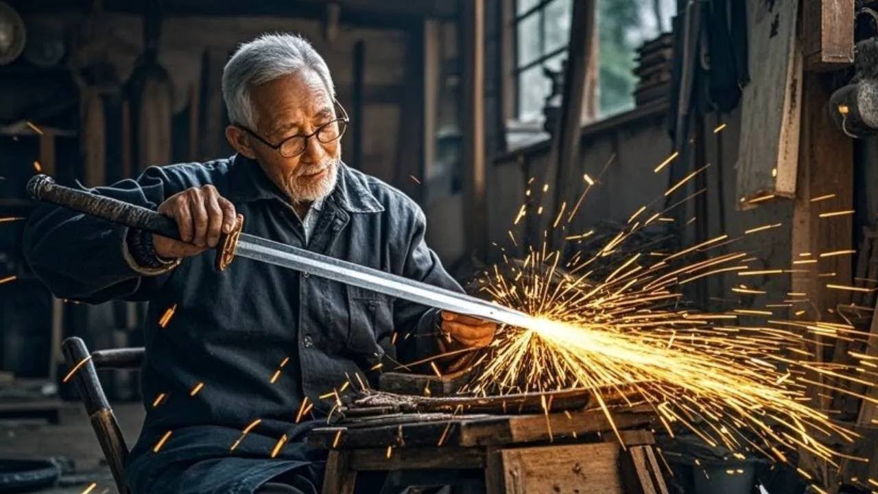 老大爷修补家中祖传的大宝剑，明亮光滑锋利无比，像刚打造的一样