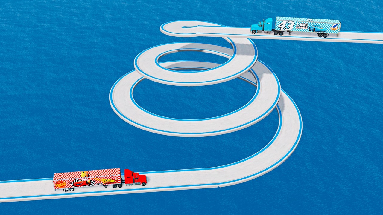 Mack Truck vs King Dinoco vs Impossible Cone Bridge Crossing! Cars Vs Deep Water BeamNG.Drive