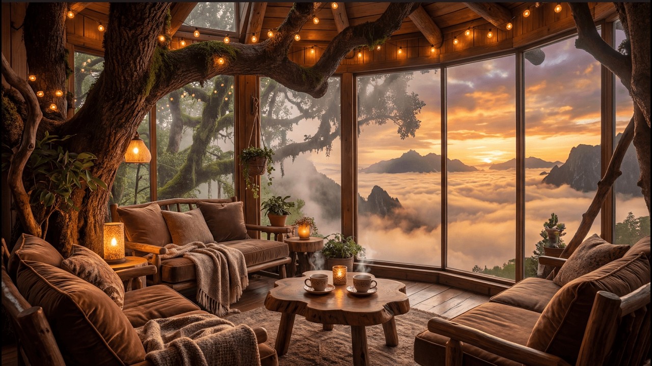 Magical Mountain Treehouse at Sunrise 🌄🔥 Above the Clouds | 4K Cozy Fireplace Ambience (2 Hours)