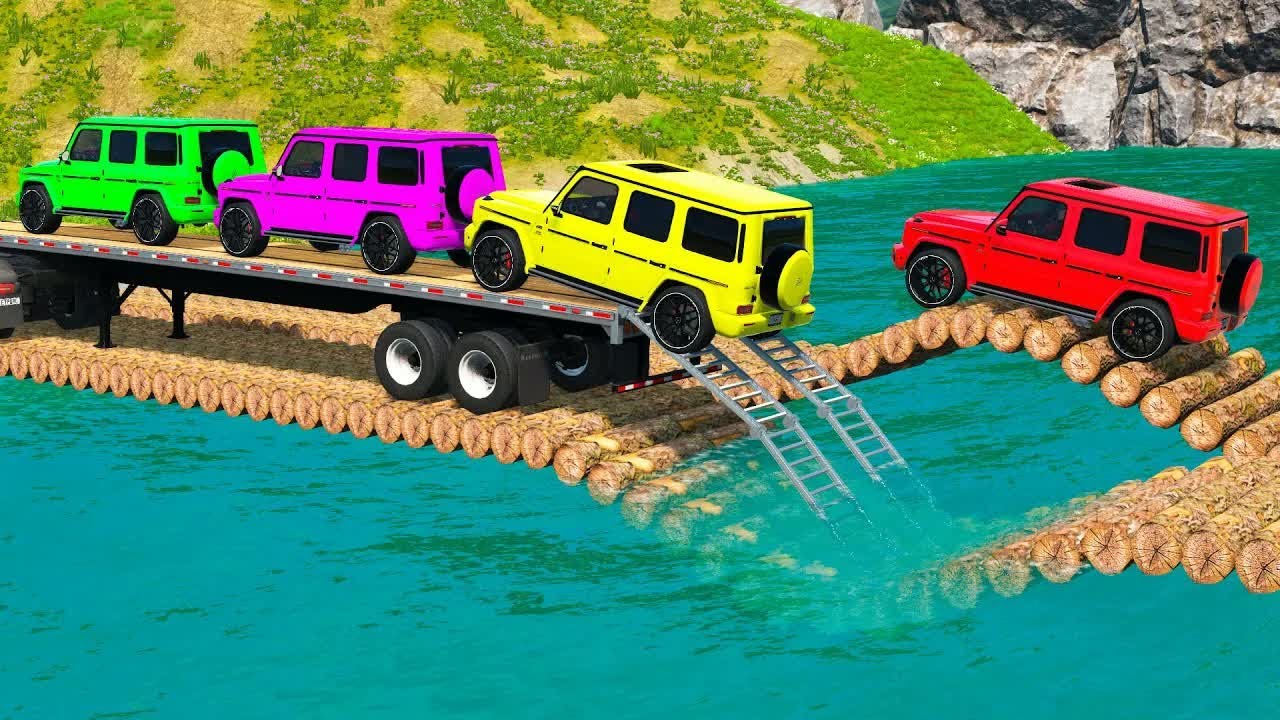 Flatbed Trailer McQueen Transportation with Truck - Speedbumps vs Cars vs Train - BeamNG.Drive #5