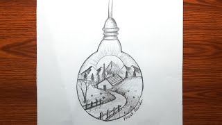 Karakalem Ampul Içine Harika Manzara Çizim Charcoal Drawing Of Wonderful Landscape Into A Light Bulb