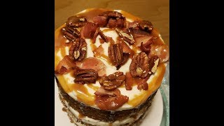 Bacon Carrot Cake with Caramel Drizzle and Toasted Pecans