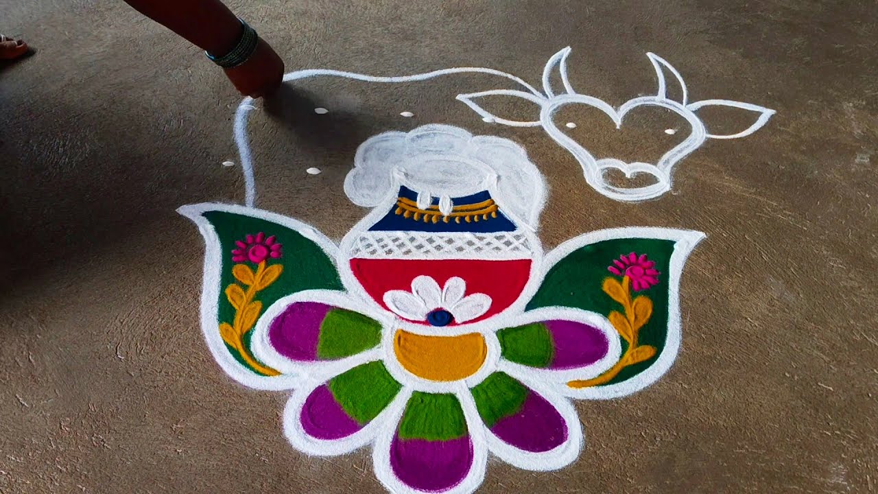 Pongal special beautiful pot rangoli design | Mattu Pongal special rangoli ❤️❤️