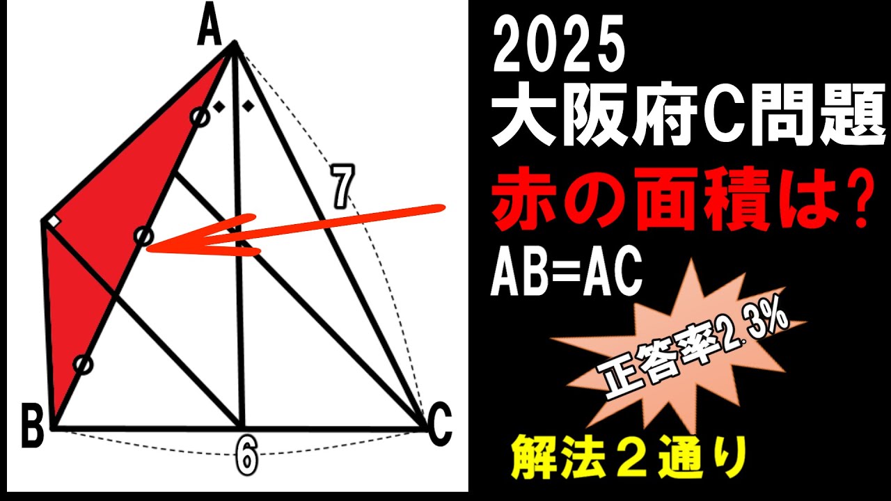 【2025年大阪府C問題 高校入試数学　正答率2.3%】赤の面積を求めよ～解法２通り～
