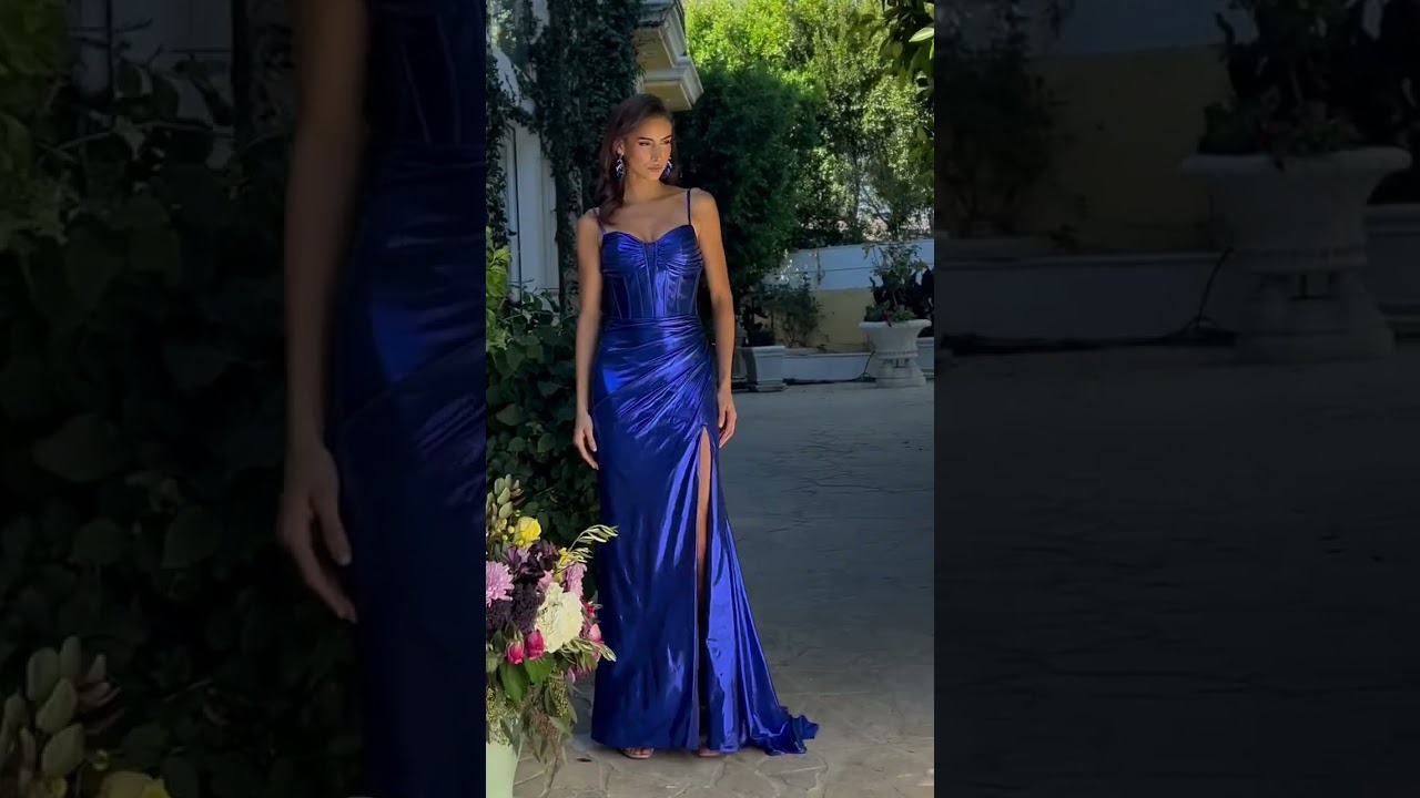 GL3590 Royal Blue - Spaghetti Strap Pleated Jewel Accent Corset With Ruched Slit Metallic Dress