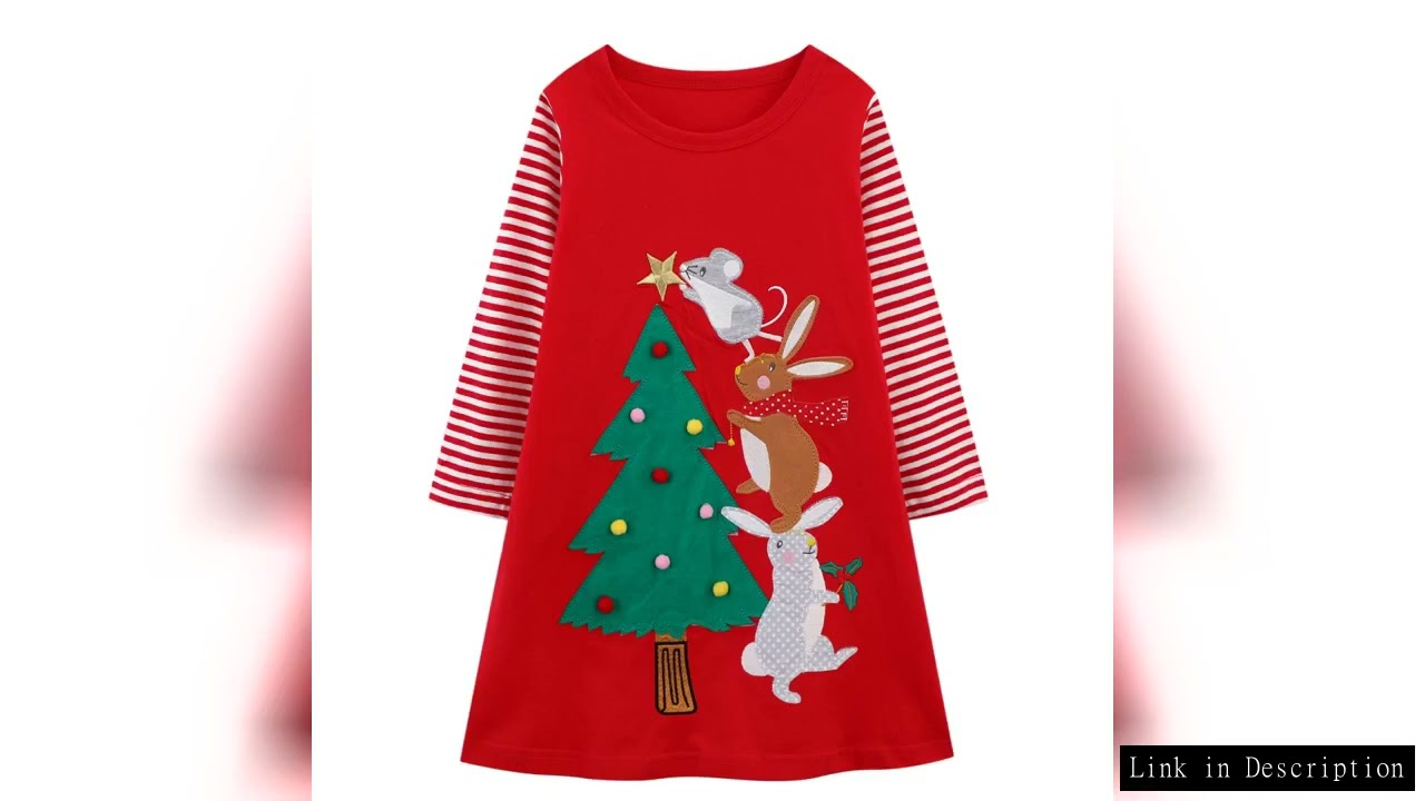 Girls' Christmas Long Sleeve Dress - Christmas Tree & Cute Animal Theme, Random Print, Fall & Winter