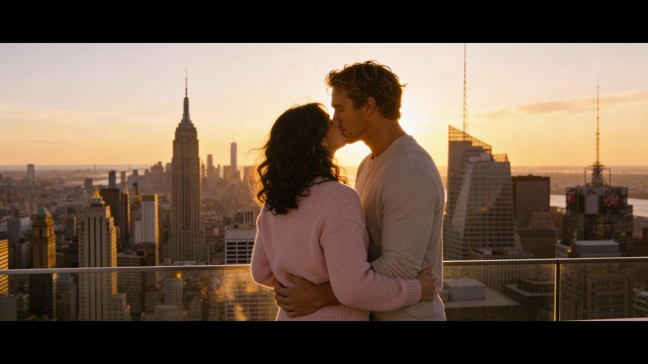 A couple embracing on a rooftop overlooking New York City at sunset, cinematic still from a short film.