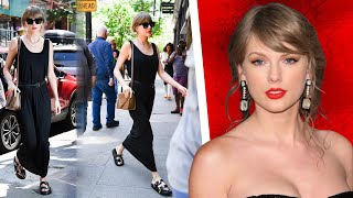 Taylor Swift's Sleek and Chic Studio Visit in NYC Black Dress and Signature Red Lip