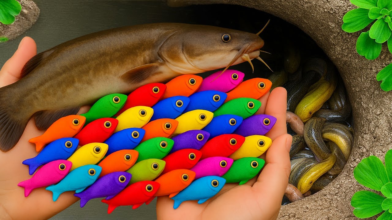 Поймайте красивых аквариумных рыбок в небольшом пруду: жуков, серебряных долларовых рыбок, радужн...