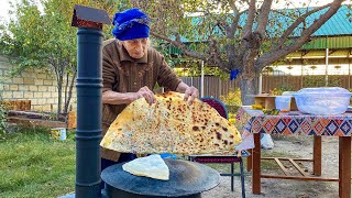 Grandma Cooks Delicious Kutab with Greens on Campfire | Rustic Recipes