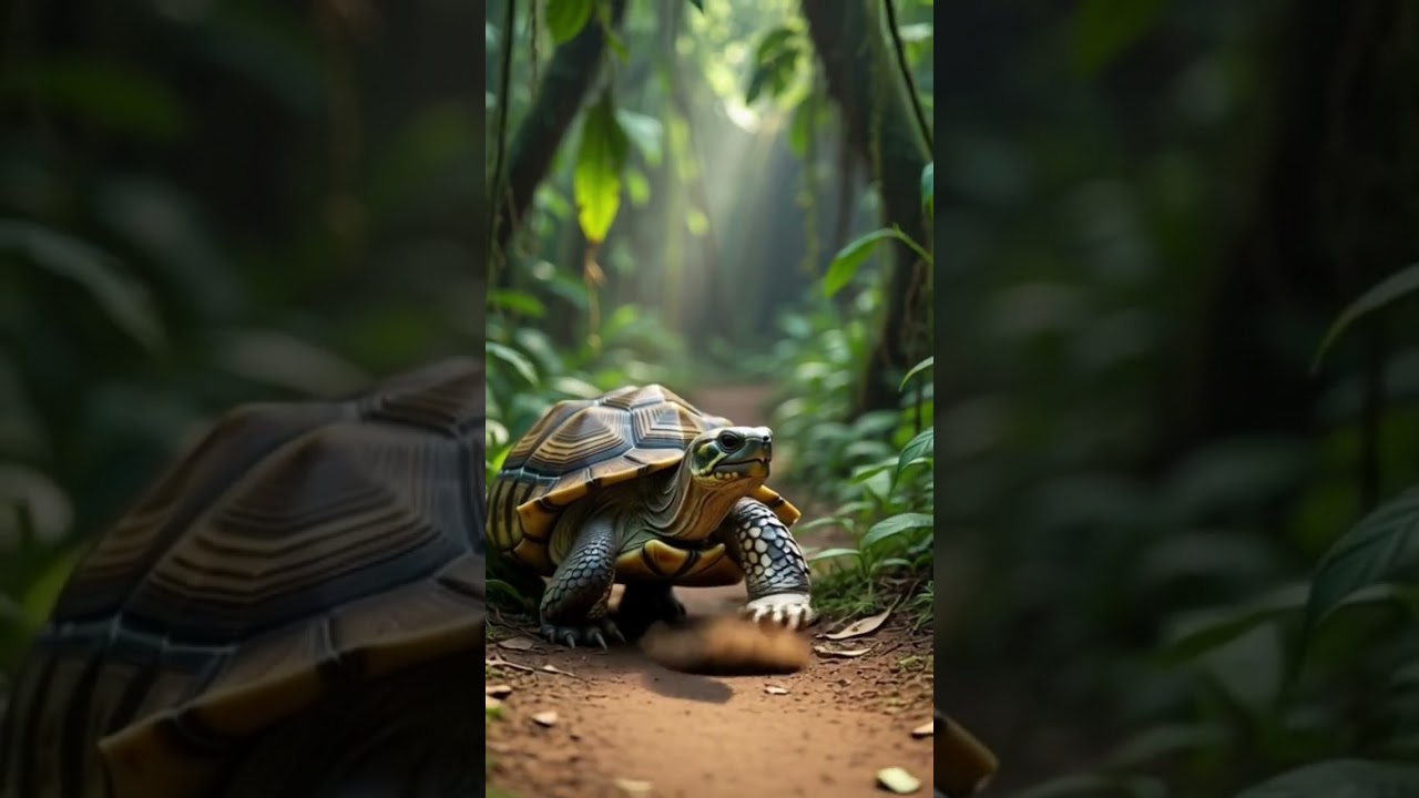 A turtle walking calmly on a jungle path, peaceful environment, kids story illustration
