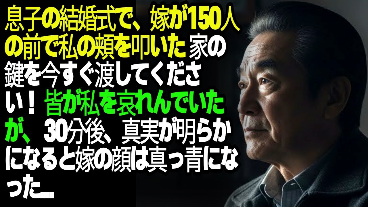 息子の結婚式で、嫁が150人の前で私の頬を叩いた。「家の鍵を今すぐ渡してください！」皆が私を哀れんでいたが、30分後、真実が明らかになると嫁の顔は真っ青になった...