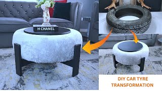 CAR TYRE TRANSFORMED INTO A MODERN COFFEE TABLE.~How to recycle old car tyre.