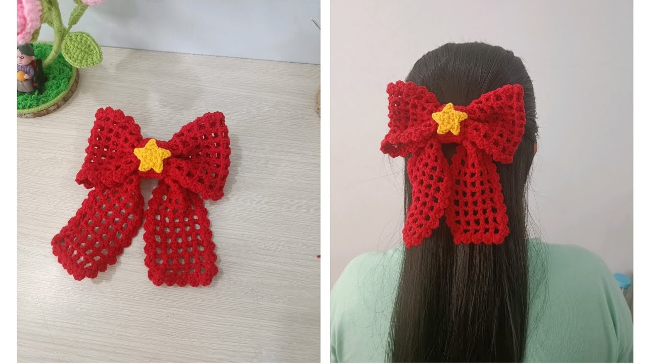 Hướng dẫn móc kẹp tóc/ cột tóc nơ 🎀 đơn giản.  Crochet a beautiful Bow Hair Tie 🎀. It's very easy
