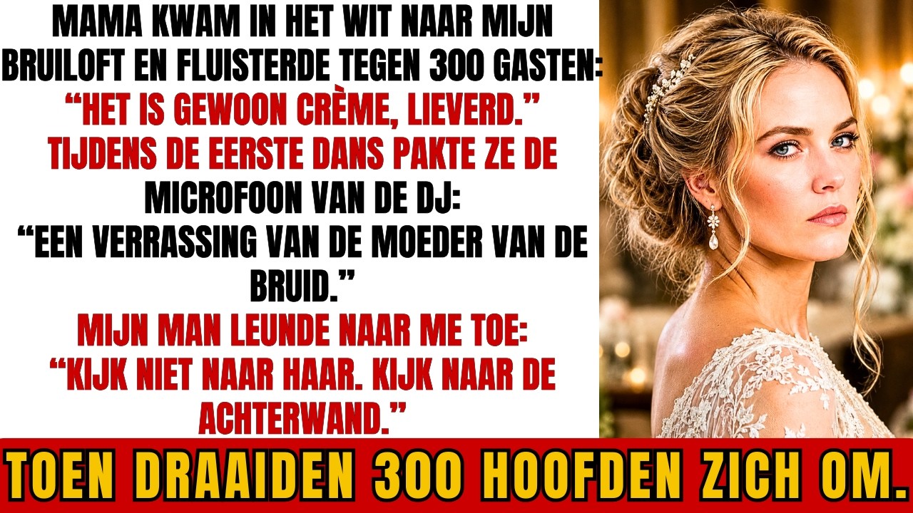 Op mijn bruiloft pakte mijn moeder de microfoon tijdens de eerste dans, glimlachte naar driehonderd gasten en zei: “Ik heb een verrassing van de moeder van de bruid.” Toen verscheen er op de muur...