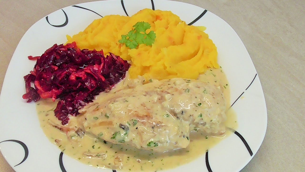 Kurczak w sosie czosnkowym z dyniowym puree i salatka z buraczkow /Kasia ze slaska gotuje