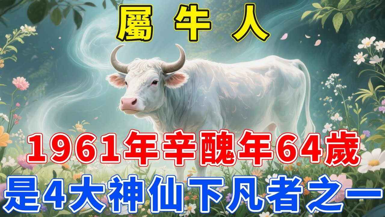 1961年屬牛人，今年64歲，辛醜年生，他們是4大神仙下凡者之一，屬牛女人天生麗質，屬牛男人永遠年輕不老！快來看看你是不是神仙下凡。【福慧生肖】