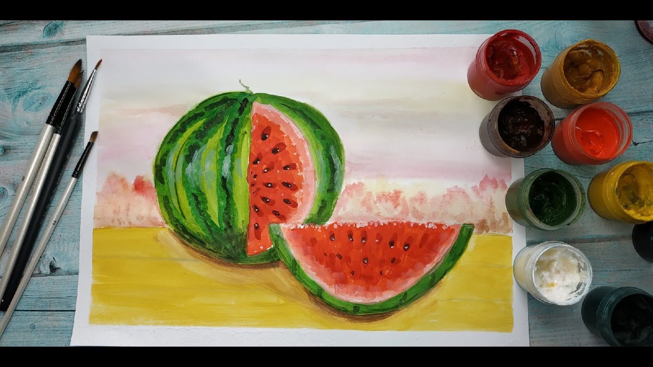 Рисуем с детьми арбуз гуашью поэтапно для начинающих