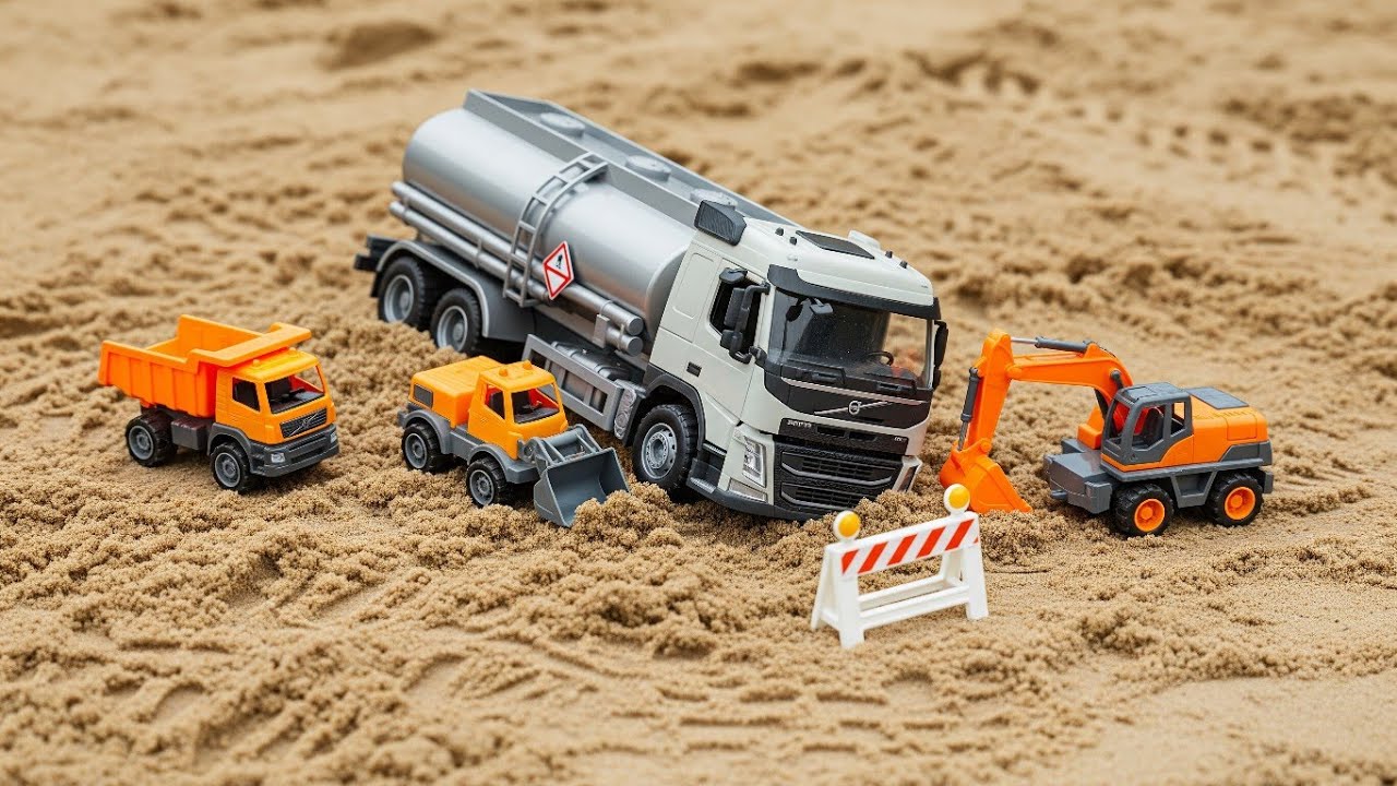 Toy Volvo Tanker Sand Sink Rescue 🚧 | Big & Tiny Toy Cars for Kids