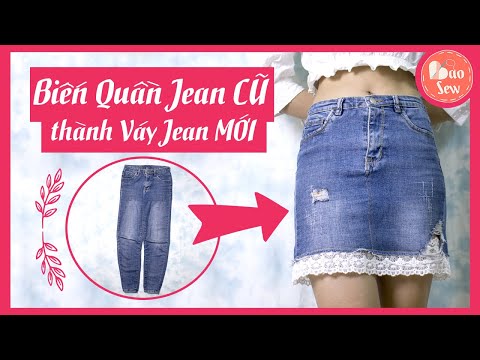 OldToNew1: Biến quần jean cũ thành váy sành điệu! | Make old jeans to cool short skirt | Baosew