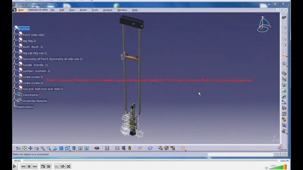 Catia V5 Tutorials|How to Create a Simple Walking Crutch in Catia V5 Compilation
