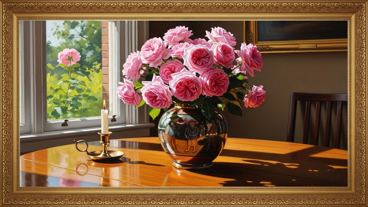 Elegant Rose Floral Oil Painting | Peaceful Art Screen Viewing (2 Hours)