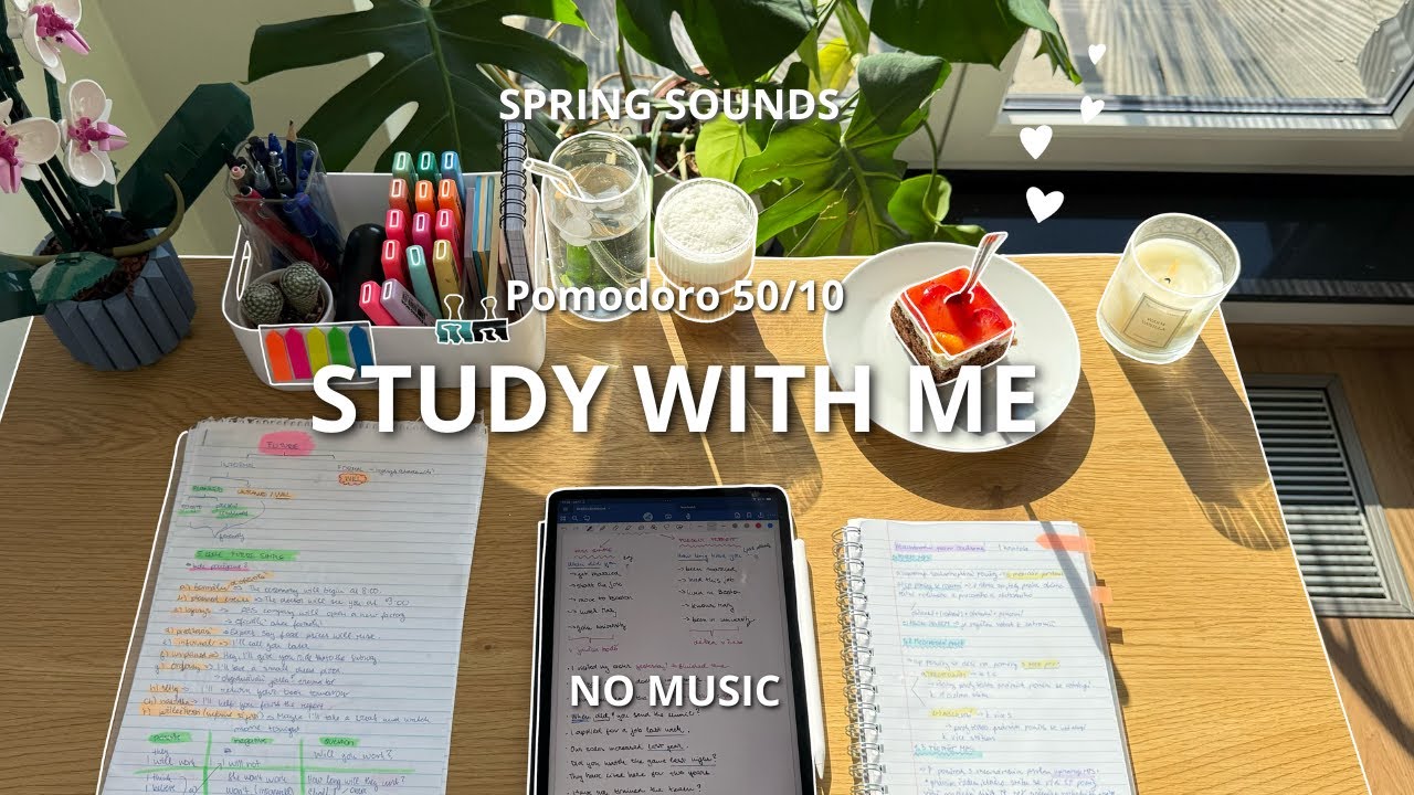 3 HOUR STUDY WITH ME, POMODORO 50/10, BACKGROUND NOISE (SPRING SOUNDS ...