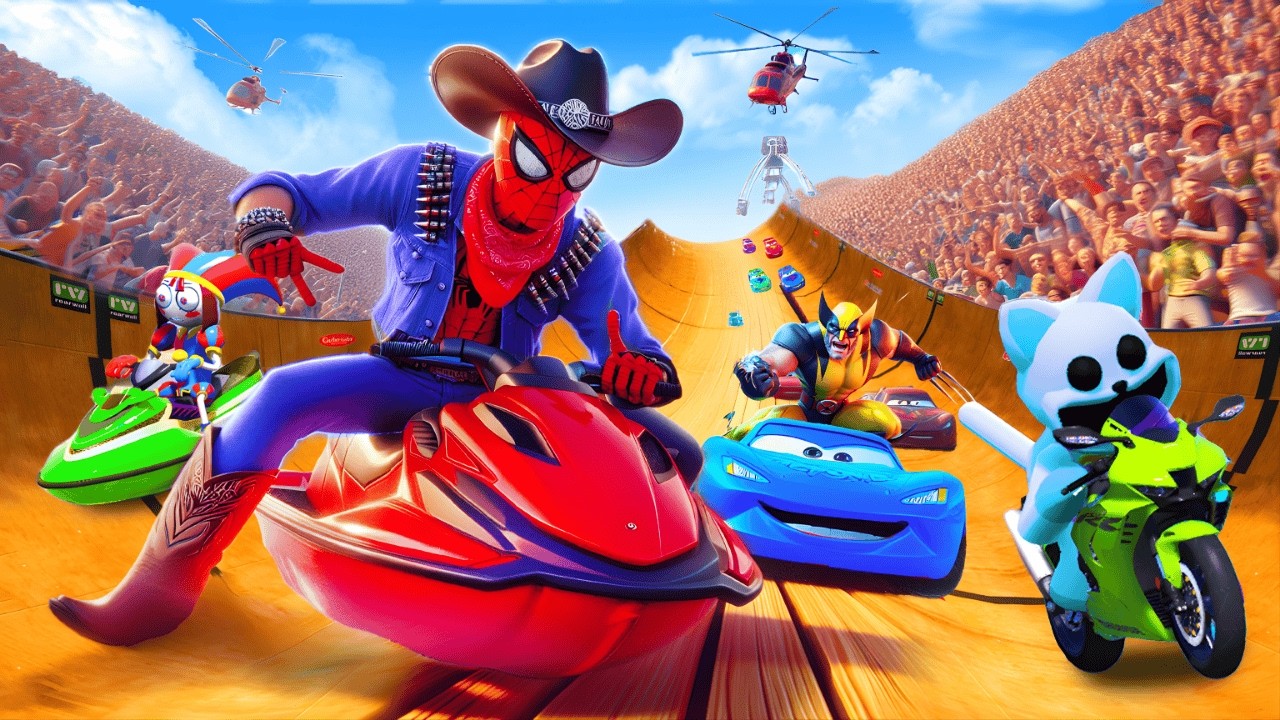 سبايدر مان اصعب دراجة نارية فوق اسماك القرش Superheroes Ride on Motorcycle Stunt Funny Moments GTA 5