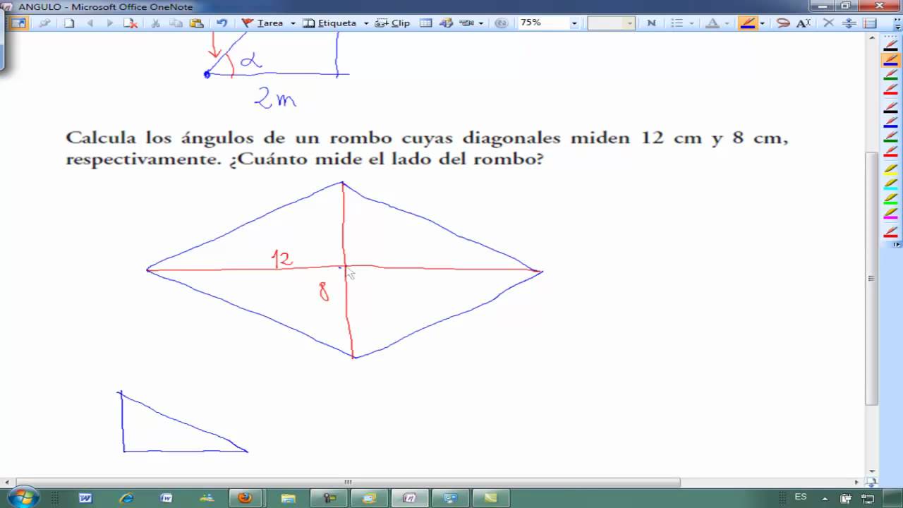 Calcula los angulos de un rombo sabiendo diagonales. Calcula el lado