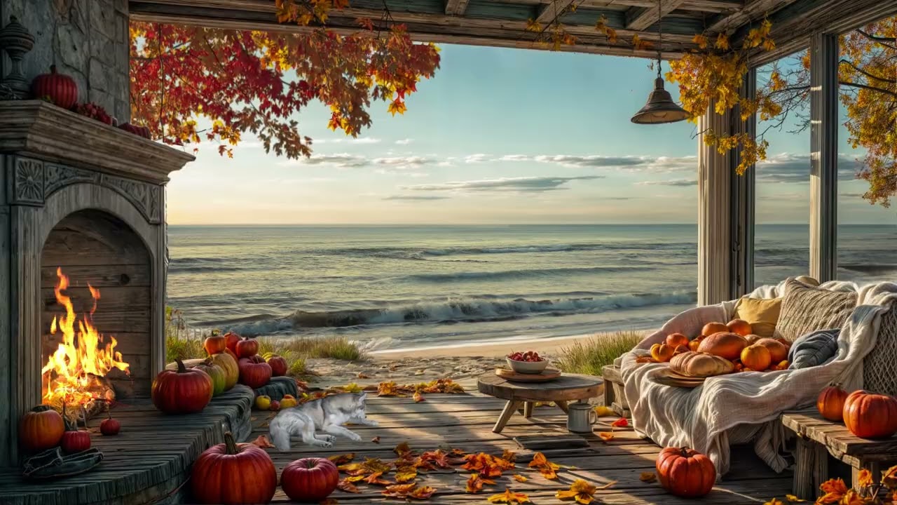 🎃 NO ADS┇Cozy Autumn Beach Cabin Ambience ┇ Crackling Fireplace, Ocean Waves & Fall Leaves for Sleep