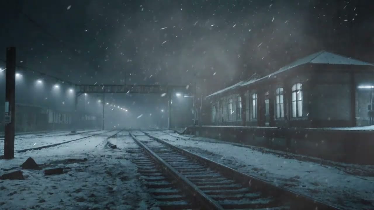 Night Snowstorm Sounds at the Train Station.  Cold Blizzard Ambience and Howling Winds for Sleep.
