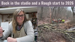 Artist Studio Vlog: Winter abstract painting with encaustic paint and a tree causes some damage