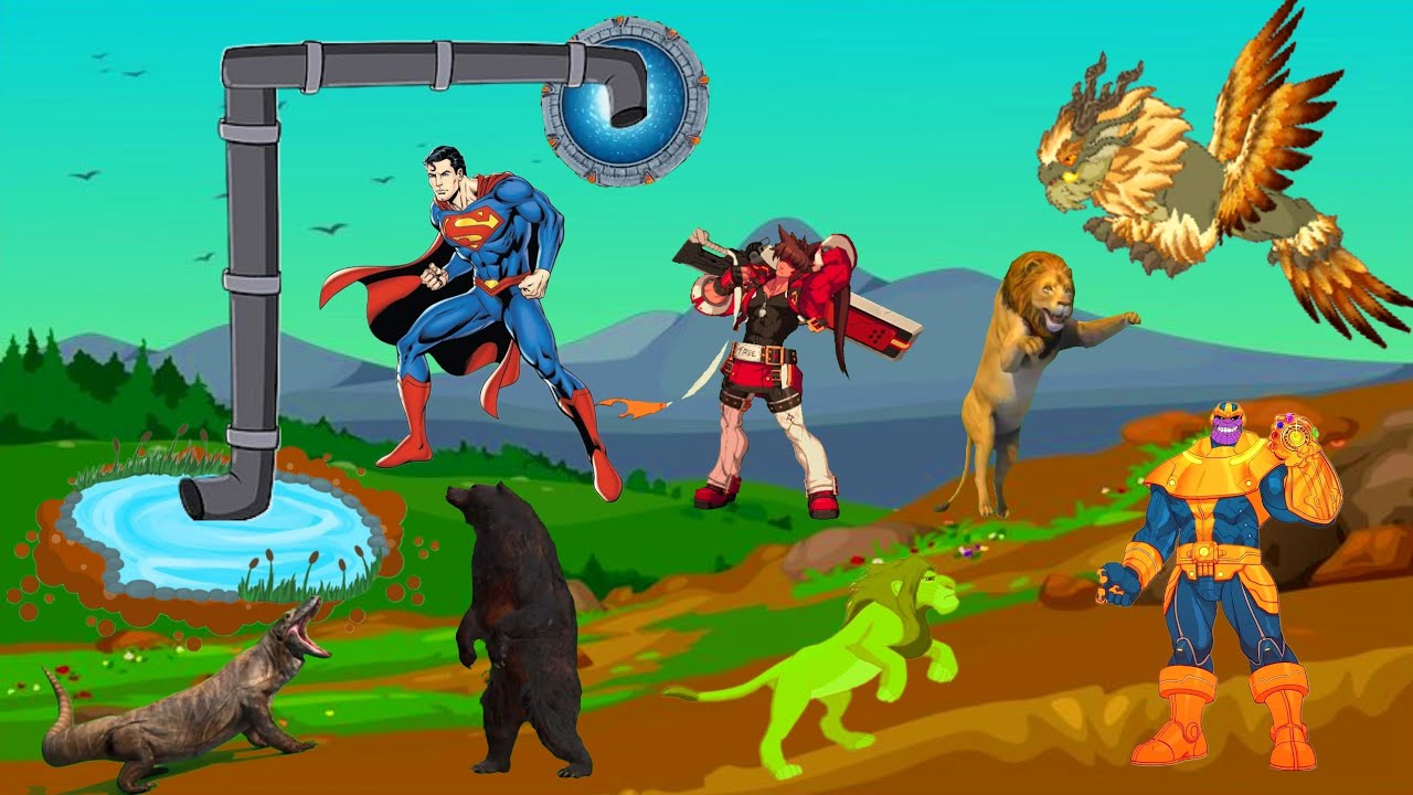 سيمبا المحبوس وطمع ثانوس فى مياه الغابة وتحدي الابطال الخارقين سوبرمان و سيمبا الادغال 