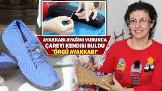 Ayakkabısının Ayağını Sürtmesine Kızan Genç Kadın, Yün Örgü Sokak Ayakkabısı Yaptı