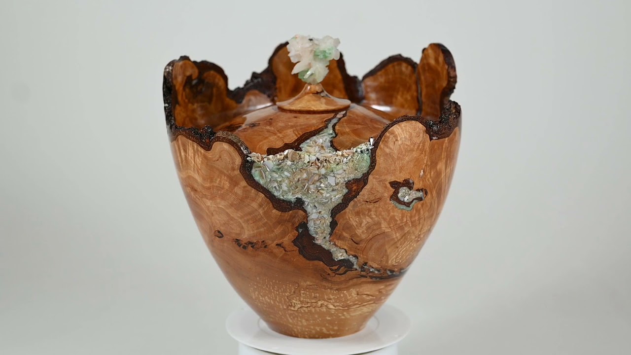 Large handmade wooden urn of Alder Burl with Mother of Pearl with Apophylite on Stilbite